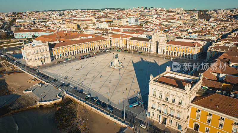 Aerial view of Praça do Comercio square , in Lisbon near de Tagus River